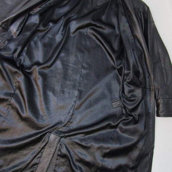 Fierce Black Leather 80s Duster Coat Oversized Wedge Korea Outerwear - Picture 8 of 12